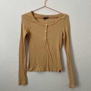 Volcom ribbed knit henley top long sleeve cropped yellow